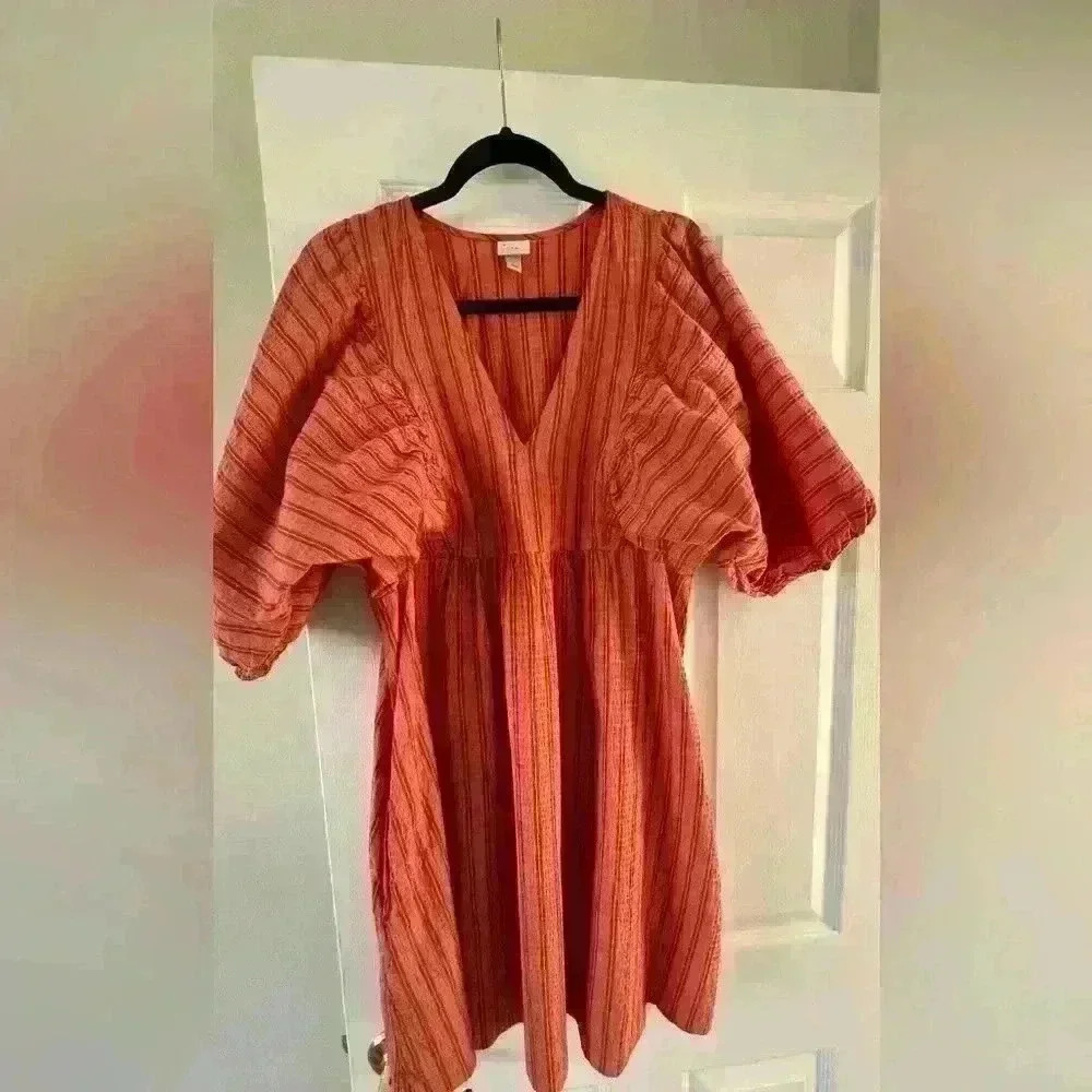A new day orange stripped puffed sleeves midi dress.